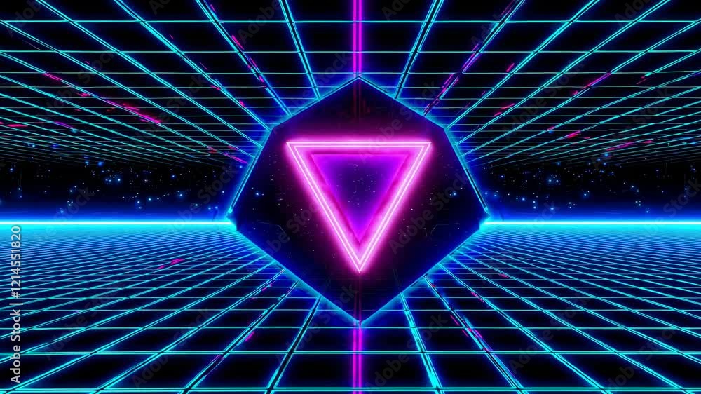 Aufkleber retro futuristic cyberspace grid with glowing neon purple triangle floating in the center, creating 