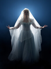 full length portrait beautiful blonde fantasy maiden faery wearing medieval fairytale ballgown...