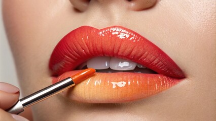 A closeup view of a makeup artist applying a gradient effect with a vibrant tangerine at the center of the lips fading into a creamy beige the glossy finish ensuring a polished and