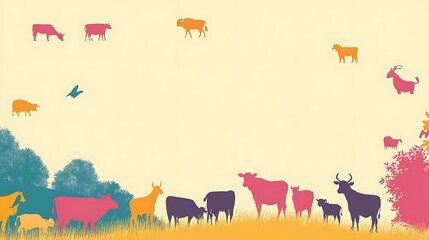 Fototapeta premium Colorful Farm Animals Silhouettes Landscape Background