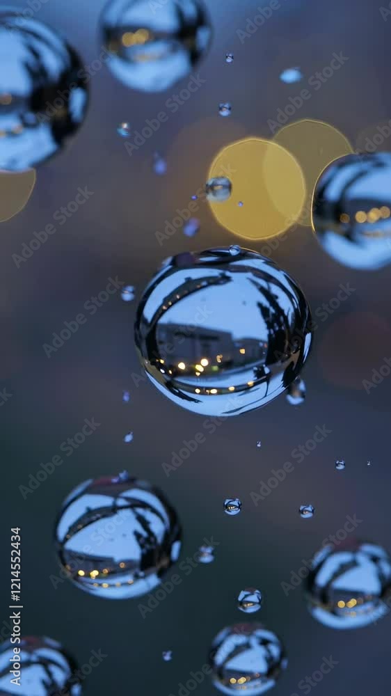 Poster multiple water drops collecting on a surface reflect the blurred city lights at dusk, creating a mes