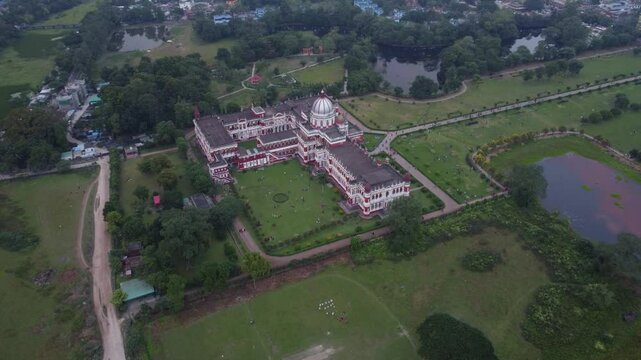 Historical monument Cooch Behar royal palace and museum surrounded by green parks in Cooch Behar city, West Bengal, Drone view