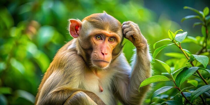 Pensive Rhesus Macaque Monkey Scratching Head Aerial View - Stock Photo