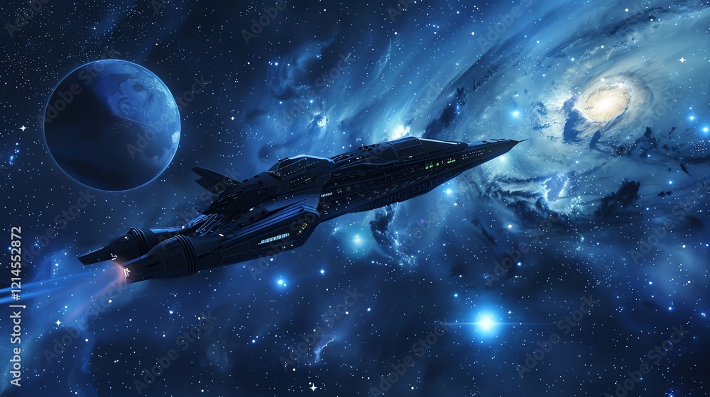 Poster a spaceship flying through a vast nebula with a distant planet in the background.