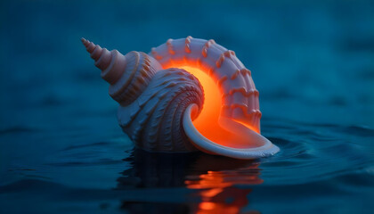 A large, spiral seashell with a smooth, glossy surface is centered in calm water. The shell features alternating bands of light and dark colors, with a glowing orange light emanating from its opening.