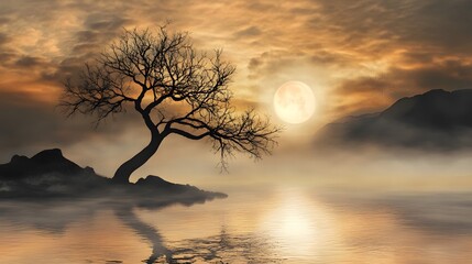 Fototapeta premium Serene Sunset Landscape Moonlit Lake Bare Tree Misty Mountains