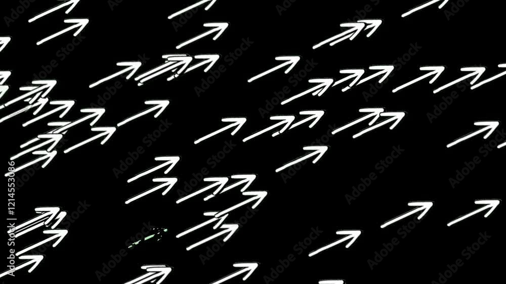 Poster diagonal right thousand of arrows sign symbol animation motion graphics on black background, white c