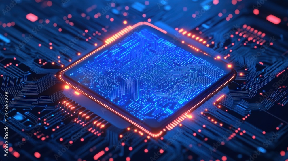Poster close up of a circuit board featuring intricate blue and red circuitry and electronic components