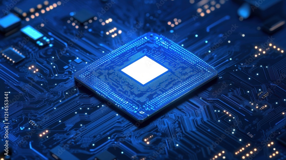 Poster computer chip placed on printed circuit board with connections and electronic components visible