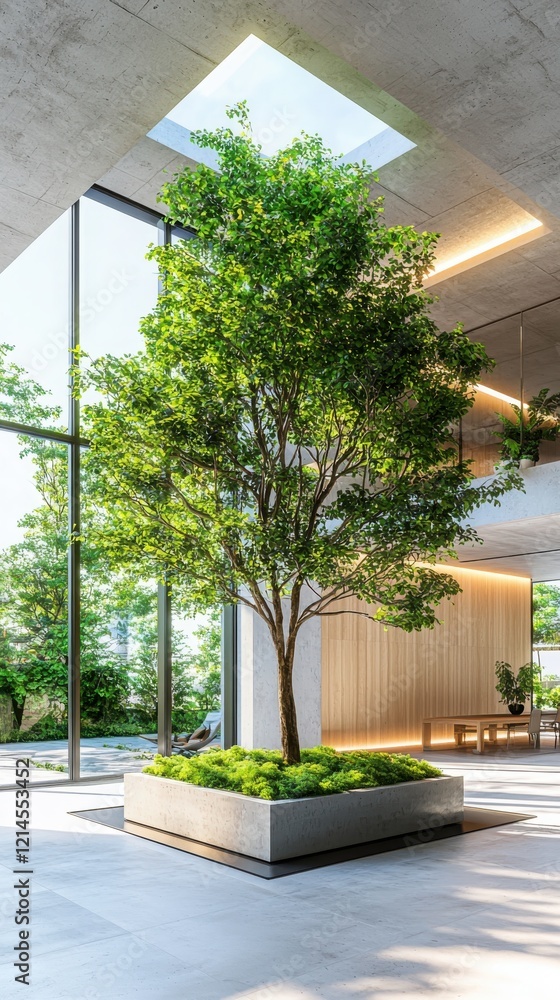 Poster elegant minimalist tree display in bright modern studio clean lines serene environment angled viewpo