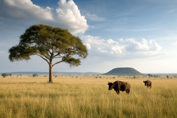 Fototapeta premium Serene landscape with grazing animals under a vast sky.
