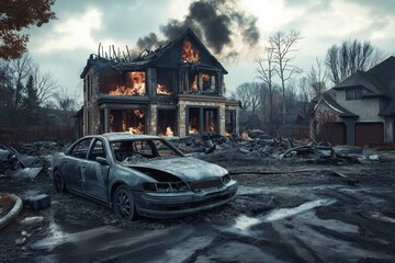 A modern mansion and a burnt car after a fire. Fire in the house. Disaster concept. House after a fire. Burnt ruins of a house, all that remains after the fire, black smoke.