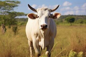 Portrait of a Majestic Brahman Bull Grazing in a Scenic Meadow Environment - White Quadruped in a Brazilian Ranch Herd (AR 3:2)