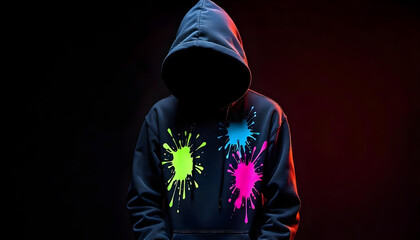 A figure wearing a dark hoodie with the hood up, obscuring the face. The hoodie is adorned with vibrant splashes of neon colors, including blue, green, pink, and yellow. The background is black, enhan