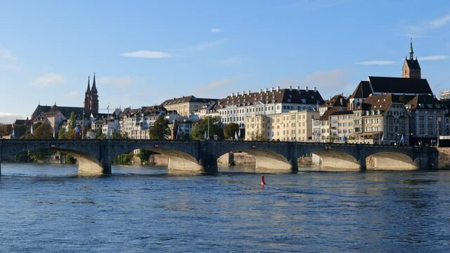 City of Basel, Switzerland, Old Town skyline with the Middle Bridge (Mittlere Brucke) across Rhine River.