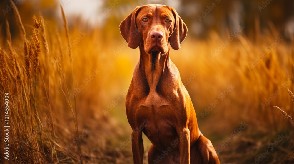 Wall mural Portrait of a Vizsla Pointer Dog in the Autumn Field. Hungarian Hunter Breed Pet in Natural Surroundings