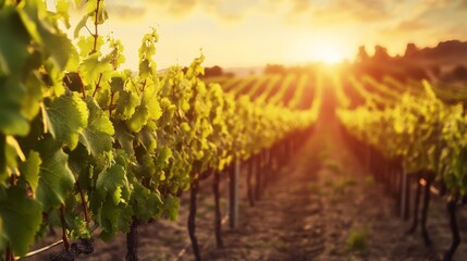 Fototapeta premium A picturesque vineyard with rows of grapevines stretching towards a sunset-lit horizon, Vineyard scene, Scenic and idyllic style