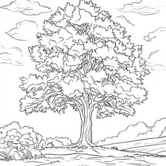 Fototapeta premium Outlined tree drawing, peaceful landscape, coloring page, nature illustration