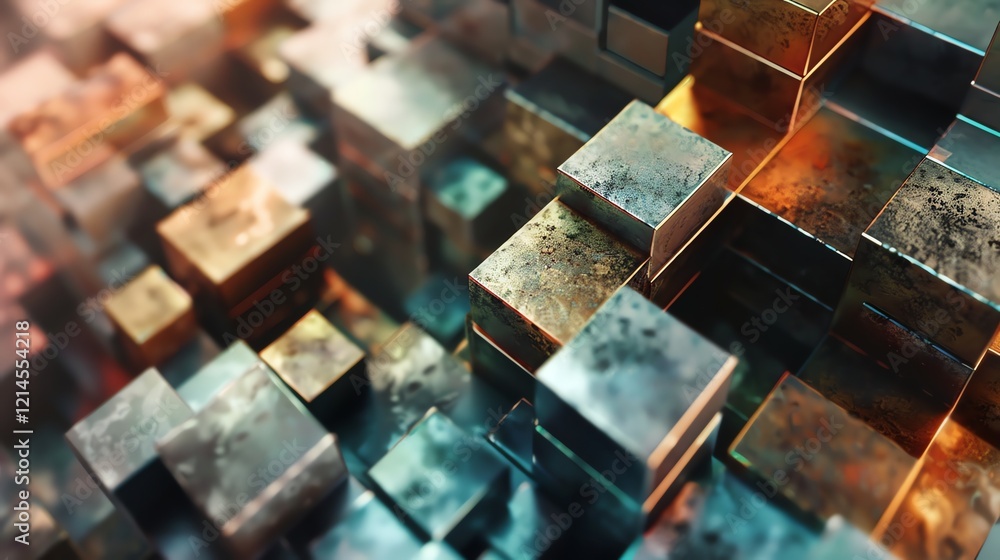 Poster an abstract, 3d rendering of a collection of metallic cubes.