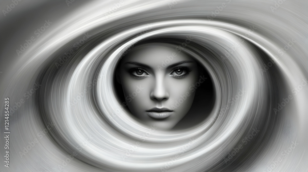 Poster striking monochrome portrait of a woman's face framed within a swirling vortex, creating a mesmerizi