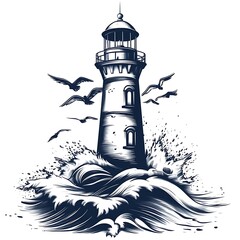 Lighthouse amidst ocean waves, vintage illustration, navigational aid