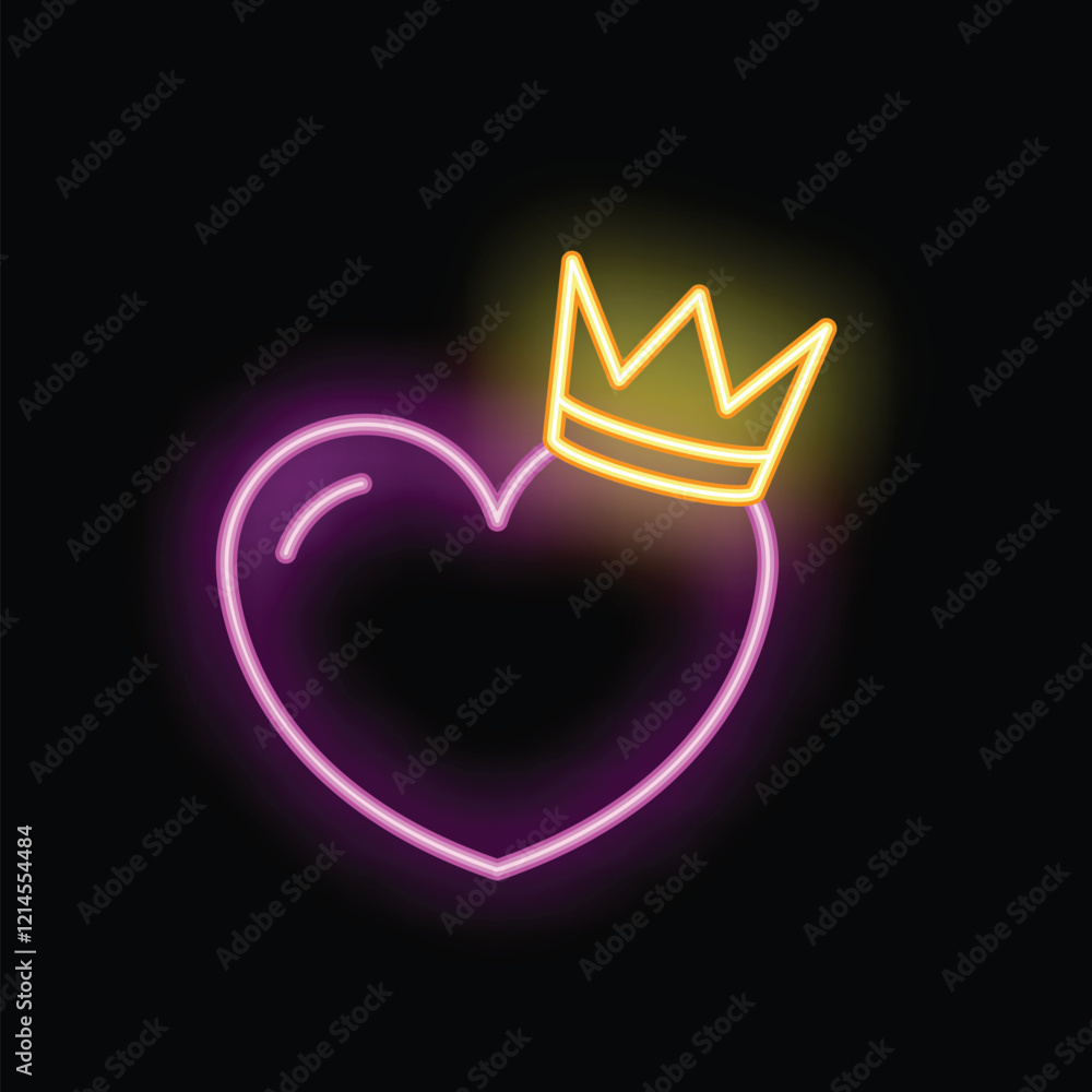 Wall mural Glowing neon purple heart wearing a golden crown, symbolizing royal love, on a black background