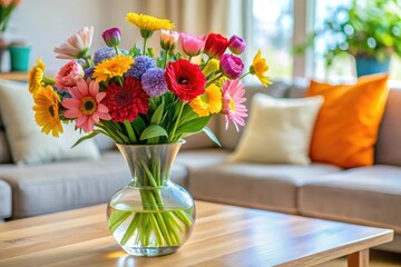 A collection of colorful flowers arranged in a vase on a coffee table, bouquets, arrangement ideas, coffee tables