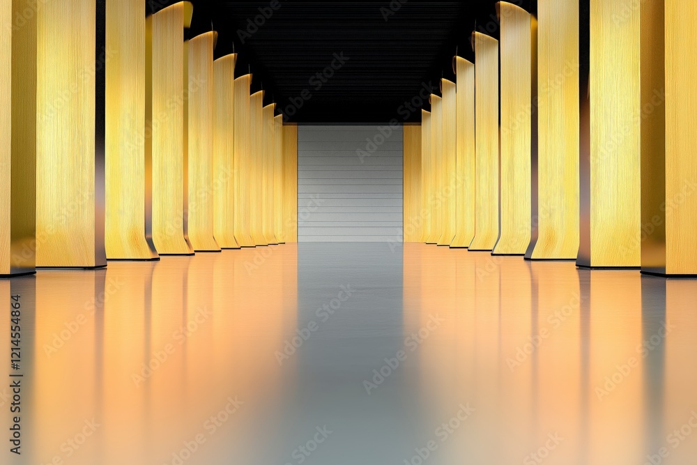 Poster golden columns in modern architecture with reflection on smooth floor in interior space