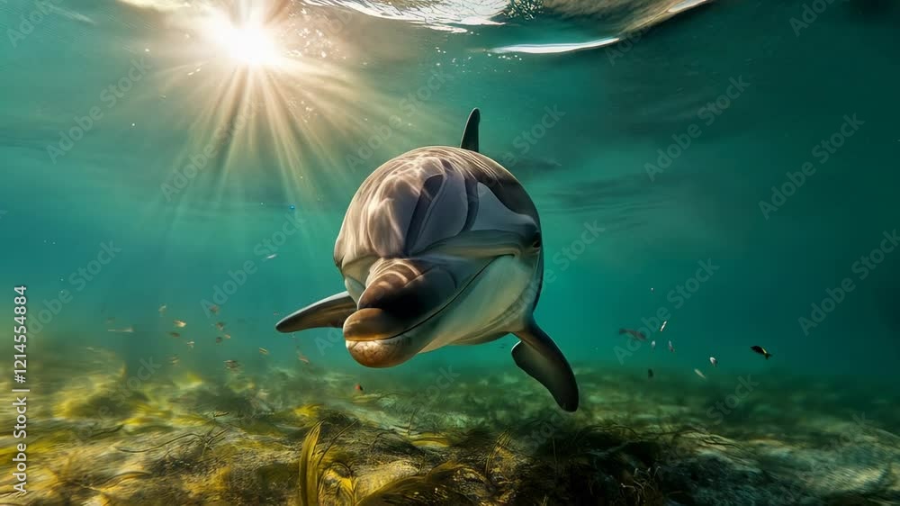 Poster dolphin swimming gracefully underwater, gliding near the seabed while sunrays filter through the wat
