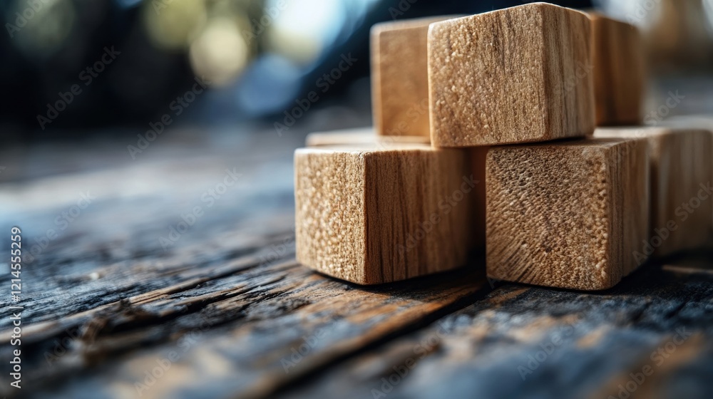 Poster wooden blocks neatly stacked on a table creating a modern minimalist arrangement