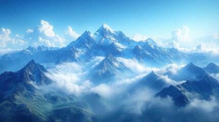 Fototapeta premium Majestic Snow capped Mountain Range Soaring Above Cloudscape Breathtaking Aerial View