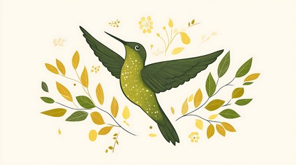 Hummingbird in flight, floral decorative background, artistic illustration, for print or web use