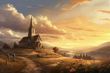 Obraz premium Serene Church on a Hilltop Overlooking a Beautiful Sky - A Landscape of Christian Religion in Digital Painting Art