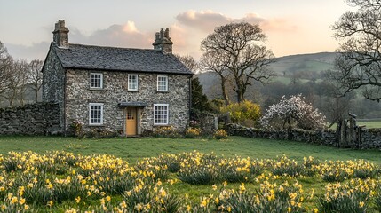 Stone cottage sunrise daffodils, rural landscape, spring