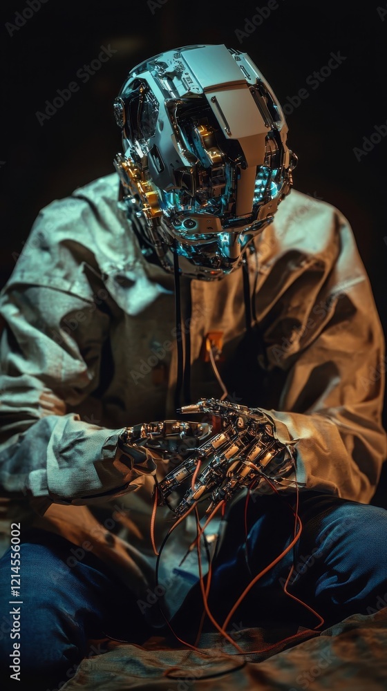 Aufkleber advanced robotic figure working with technology