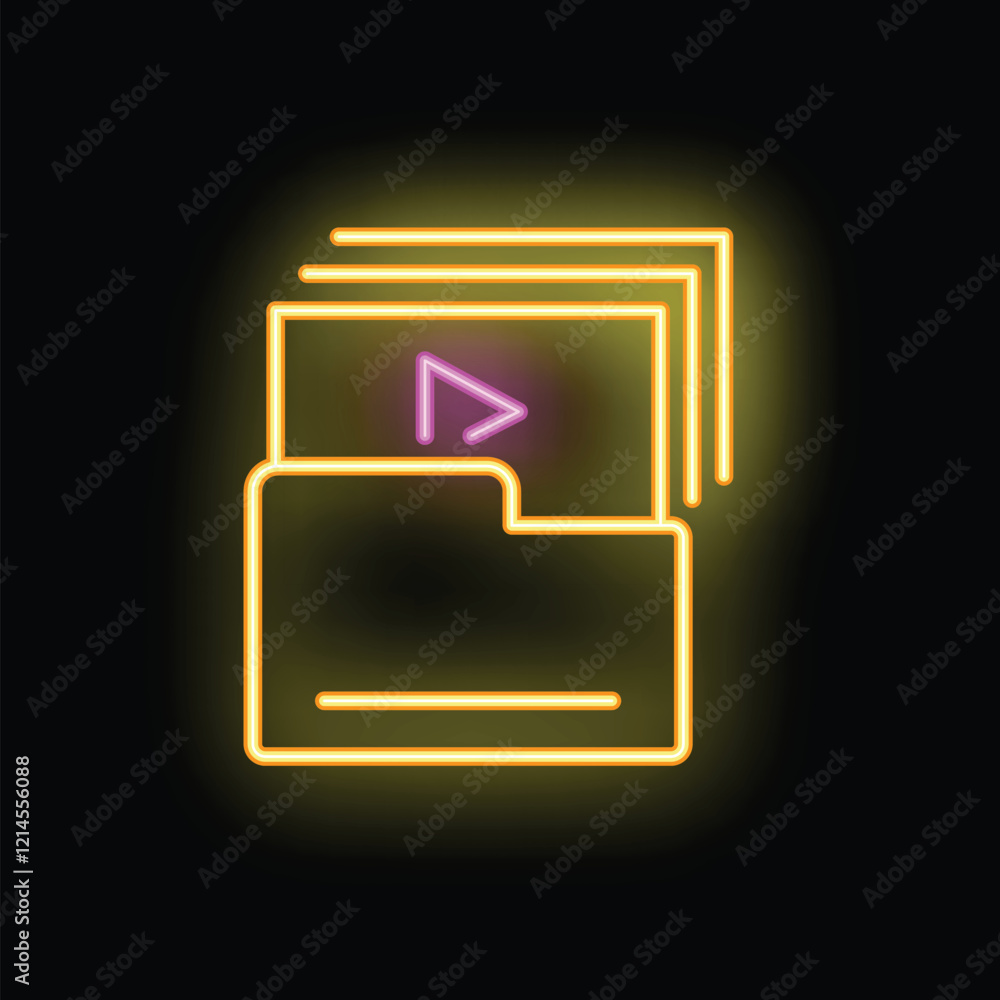 Poster bright neon icon of video files folder with play button glowing on black background