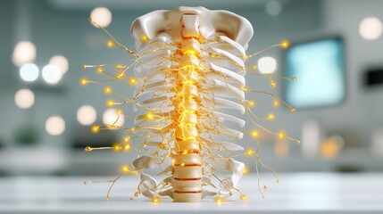 Fototapeta premium 3D Illustration of Human Spine with Nerves and Light Effects