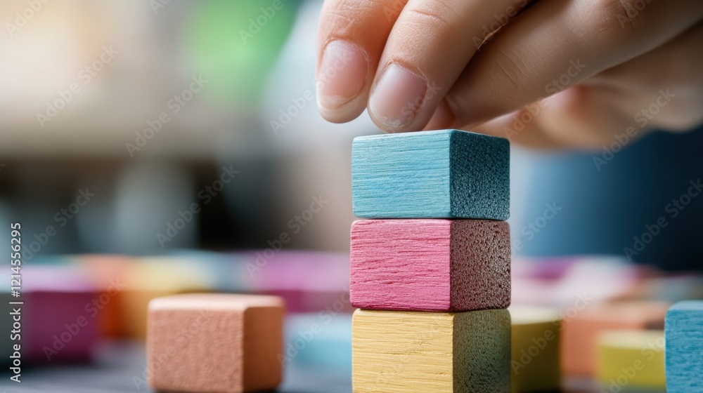 Poster person placing a colorful block into a stack of various shaped building blocks on a wooden surface