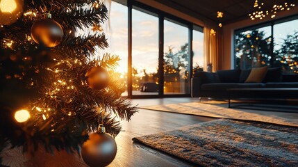Elegant christmas tree ornaments cozy living room photo capture warm golden glow low angle perspective holiday decor
