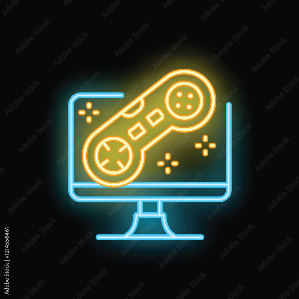 Poster neon video game controller appearing from a computer screen with flashing lights on a dark backgroun