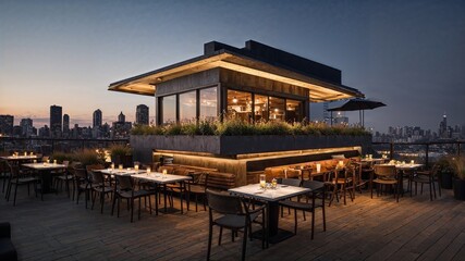 Rooftop cafe in the evening. Generative AI