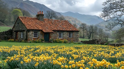 Stone cottage, daffodil field, mountain view, spring