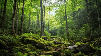 Lush green forest path, mossy rocks, sunlight dappled, nature background, eco-tourism