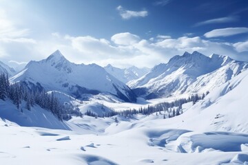 Snowy Mountain Landscape with Stunning White Peaks, High Snow, and Blue Sky Scenery Coated with Trees Covered in Snow