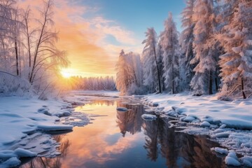 Fototapeta premium Snowy River Panoramic Landscape with Winter Forest, Frozen River and Snowy Trees at Sunset. Breathtaking Winter View of Reflection on Blue Water