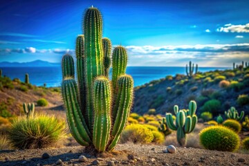 A large spine covered cactus plant standing alone in the desert landscape with vibrant green and blue hues surrounding it, nature scenery, succulent plants