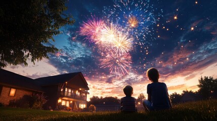 Children watching colorful fireworks display backyard photography evening low angle whimsical celebration