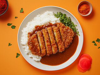 Delicious Plate of Japanese Tonkatsu and Rice with fresh ingredients