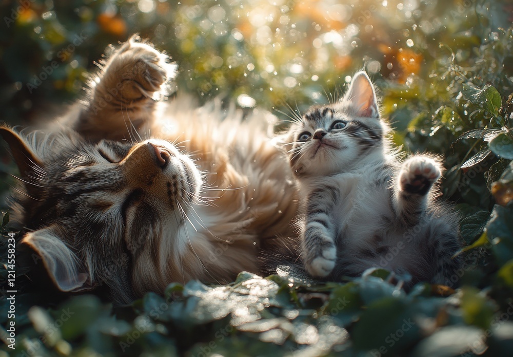 Poster adorable playful kittens enjoying a sunny afternoon on green grass with soft sunlight shining throug