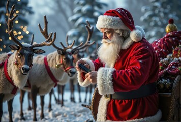 Santa Claus Using Smartphone with Reindeer and Sleigh